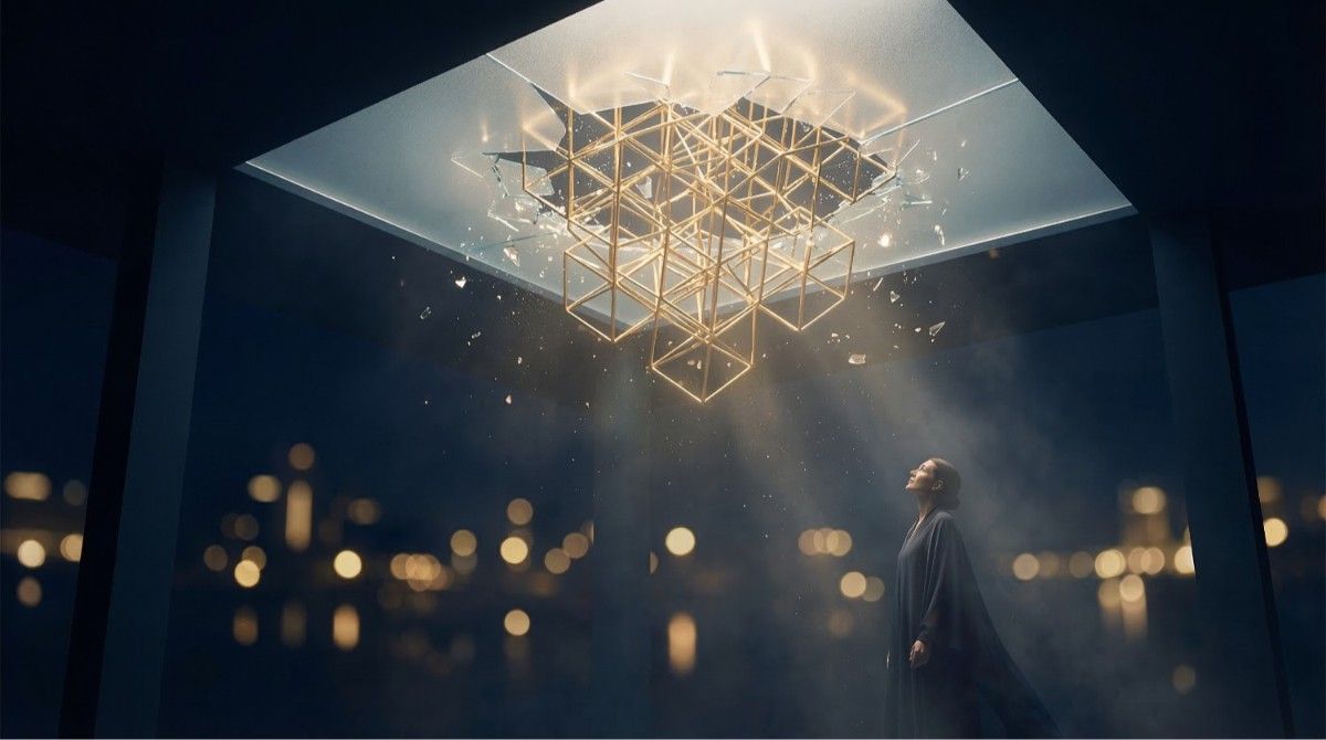 A glowing golden geometric grid breaking through a subtle glass ceiling representing an optimized vibrational baseline for financial abundance