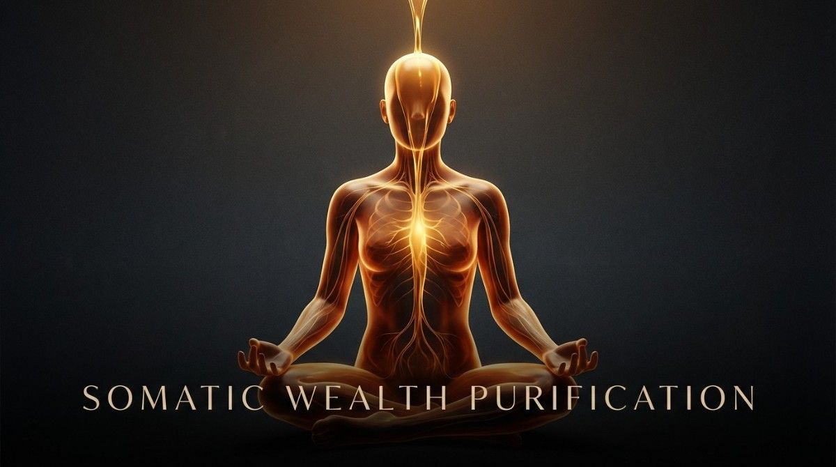 A human figure illuminated by golden light representing grounding wealth purification and the subconscious baseline aligning with absolute financial security.