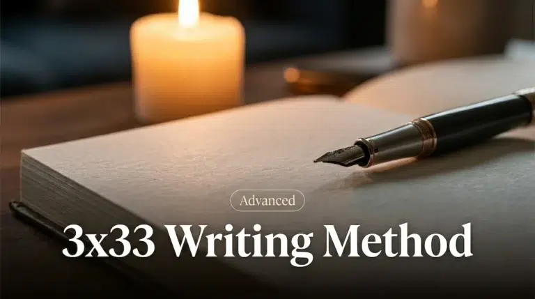 A cinematic close-up of a premium pen and textured journal illuminated by warm candlelight, representing the advanced 3x33 writing method.