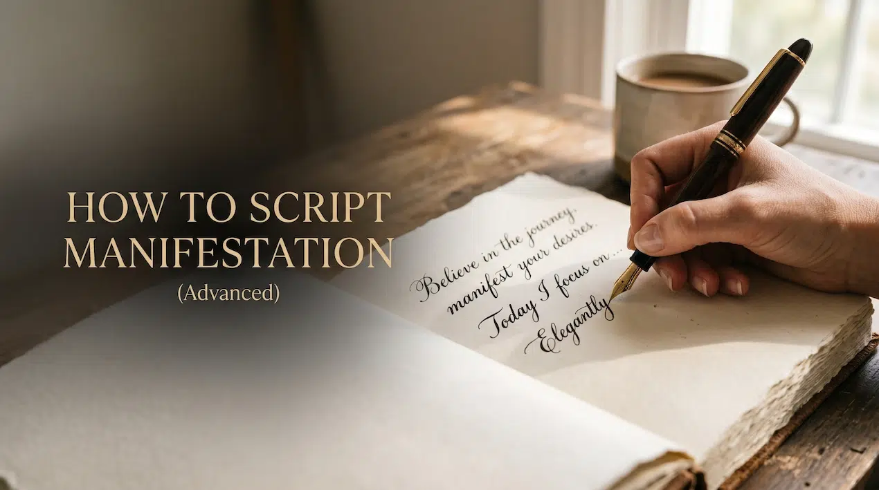 A person writing in a manifestation journal to practice how to script manifestation using advanced templates.