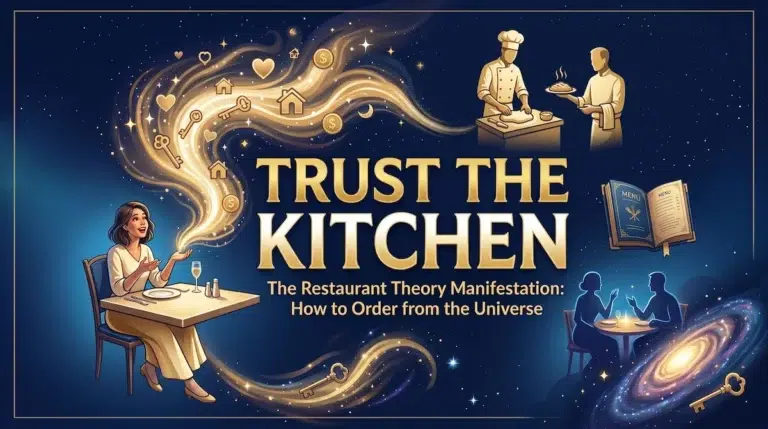 Happy woman ordering at table, symbols flowing from her hand to chefs preparing food, a galaxy nearby.