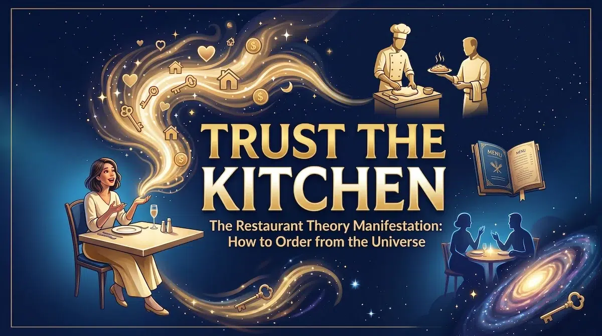 Happy woman ordering at table, symbols flowing from her hand to chefs preparing food, a galaxy nearby.